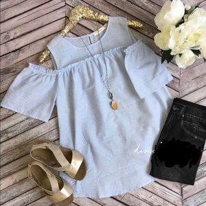 Blue seersucker cold shoulder top